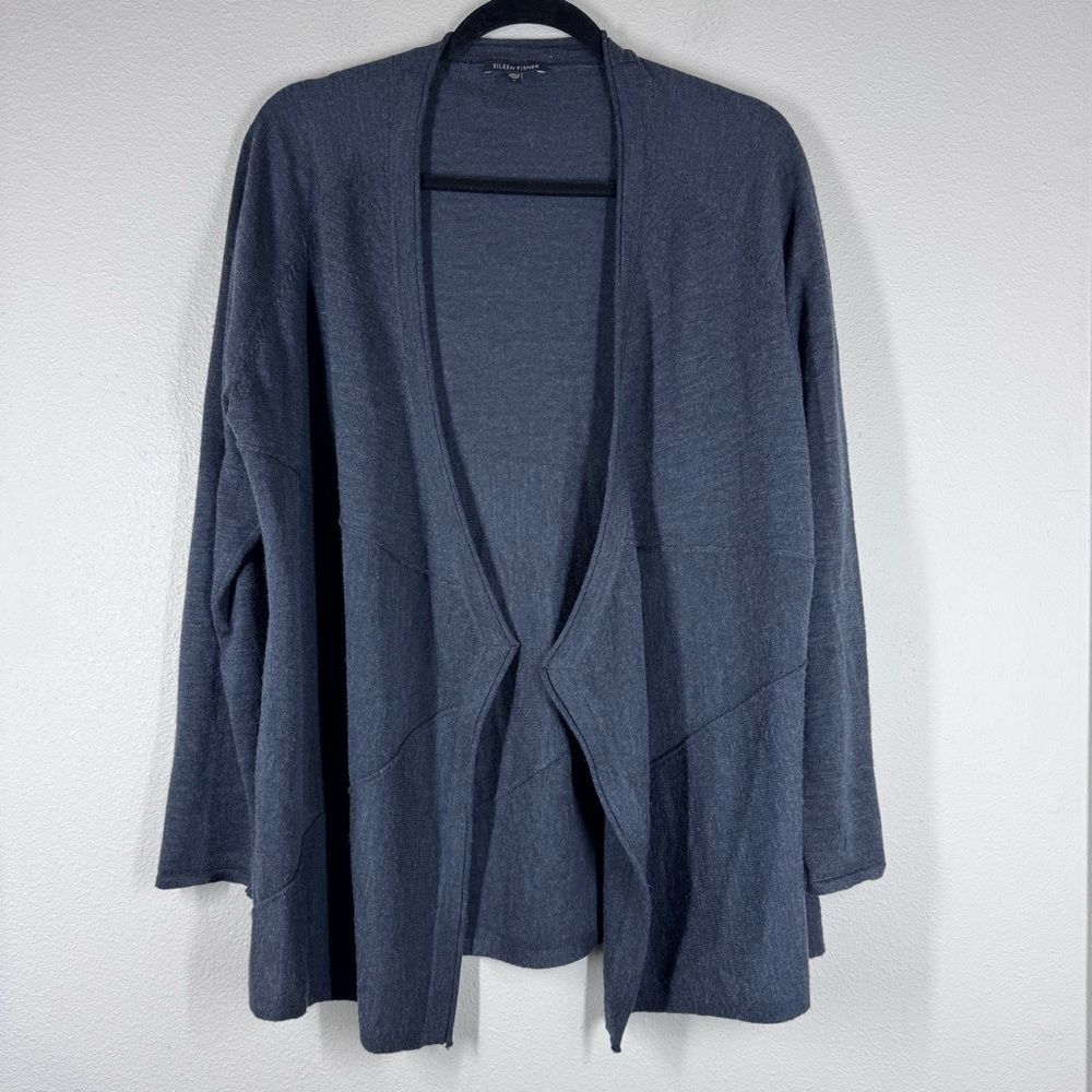 Eileen Fisher 100% Merino Wool Open Front Cardigan Sweater Large Charcoal Gray